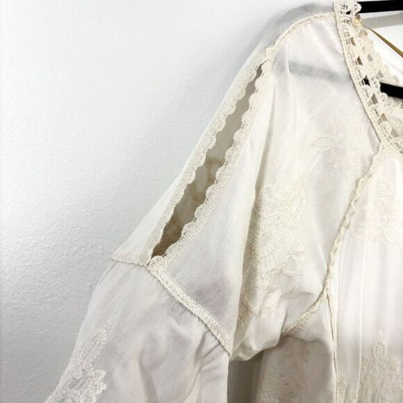 Democracy Cream Boho Lace M Top 3/4 Split Sleeve Embroidered CottageCore Romance - Picture 10 of 12